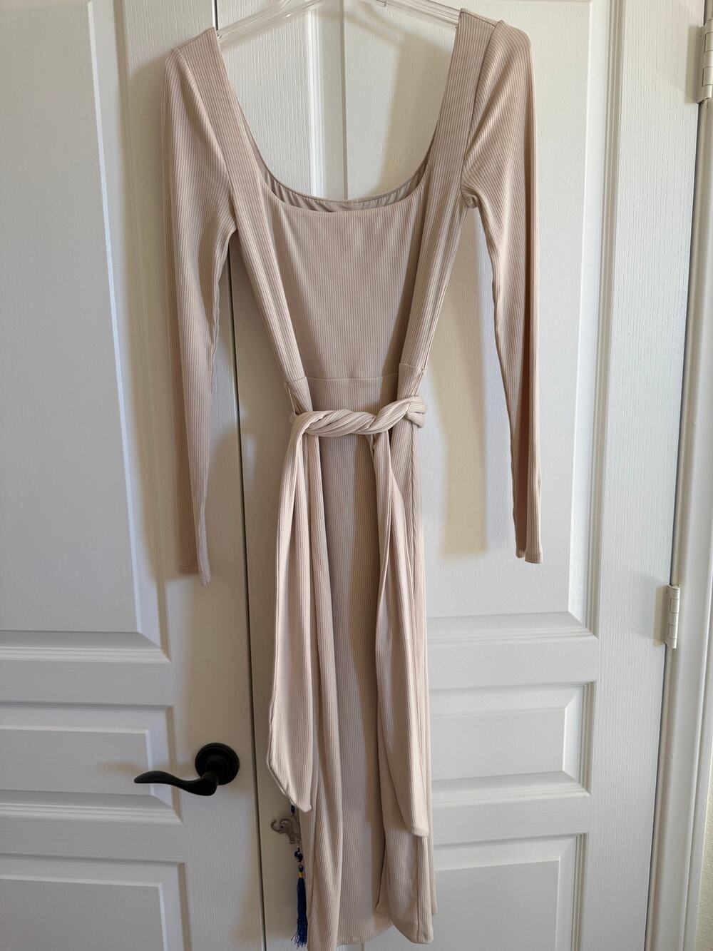 Lovers and Friends Sariah Ribbed Tie Waist Midi Dress Ecru Beige S